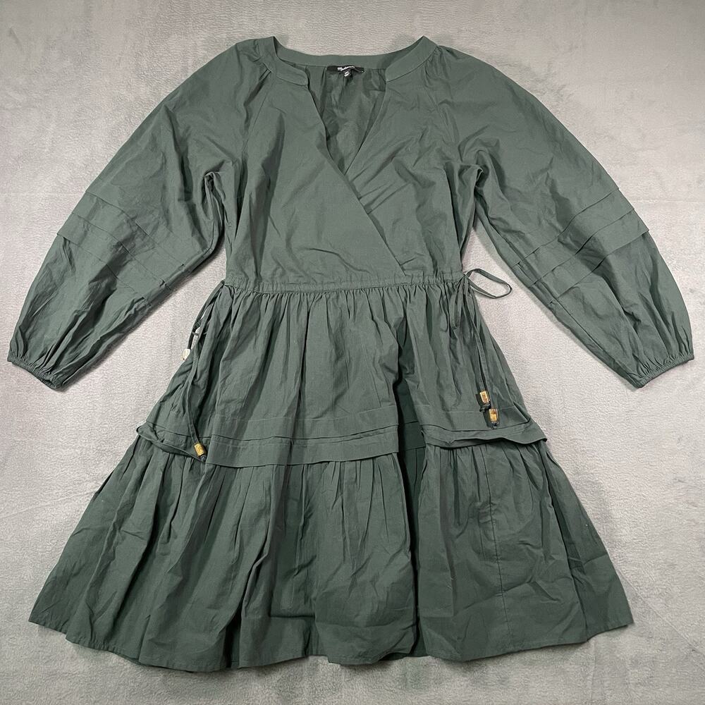 Madewell Emerald Green Poplin Long-Sleeve Faux Wrap Pockets Tiered Dress XXS - Picture 1 of 10